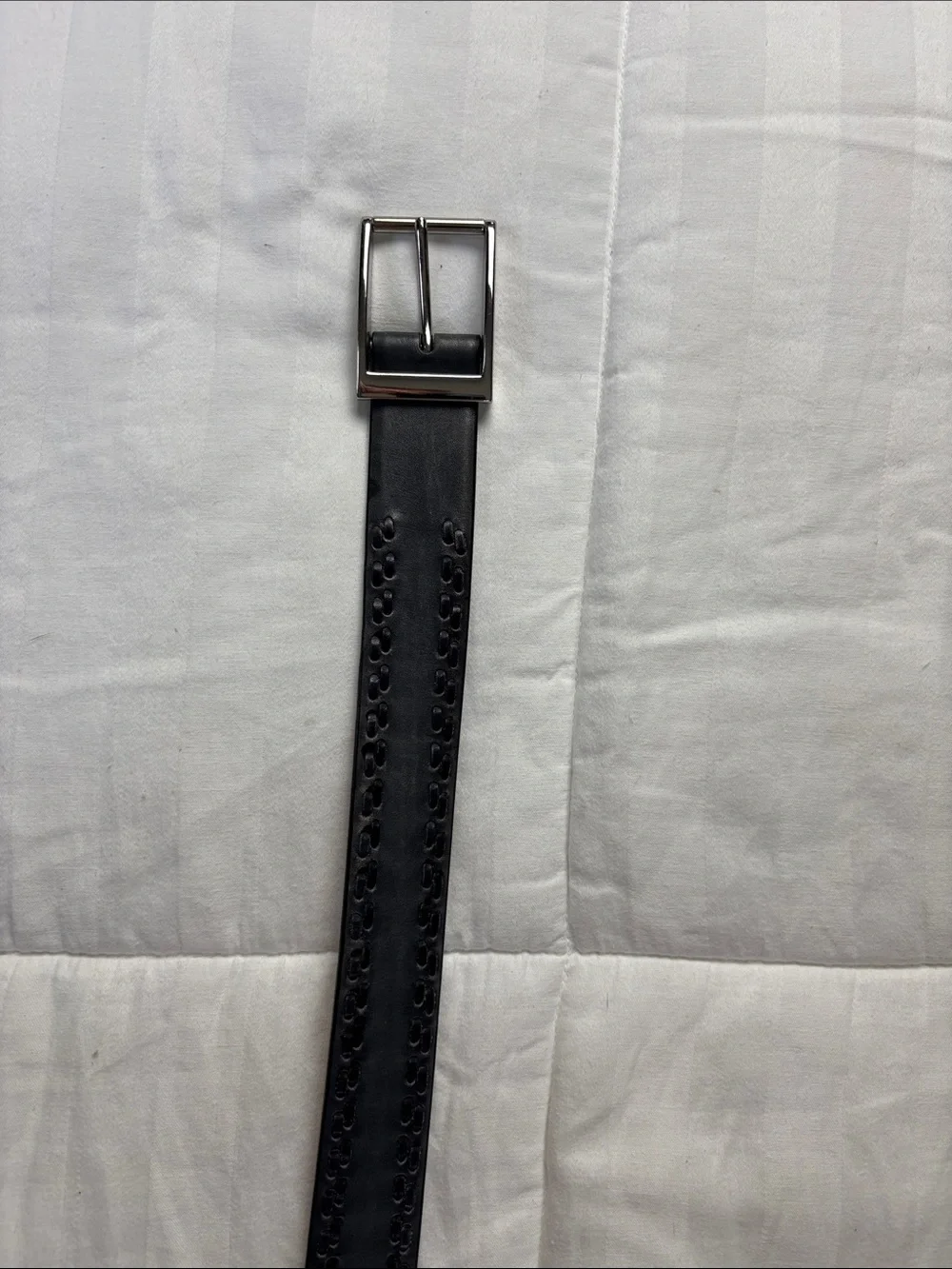Cole Haan Black Leather Belt with Silver-Tone Buckle and Braided Detail